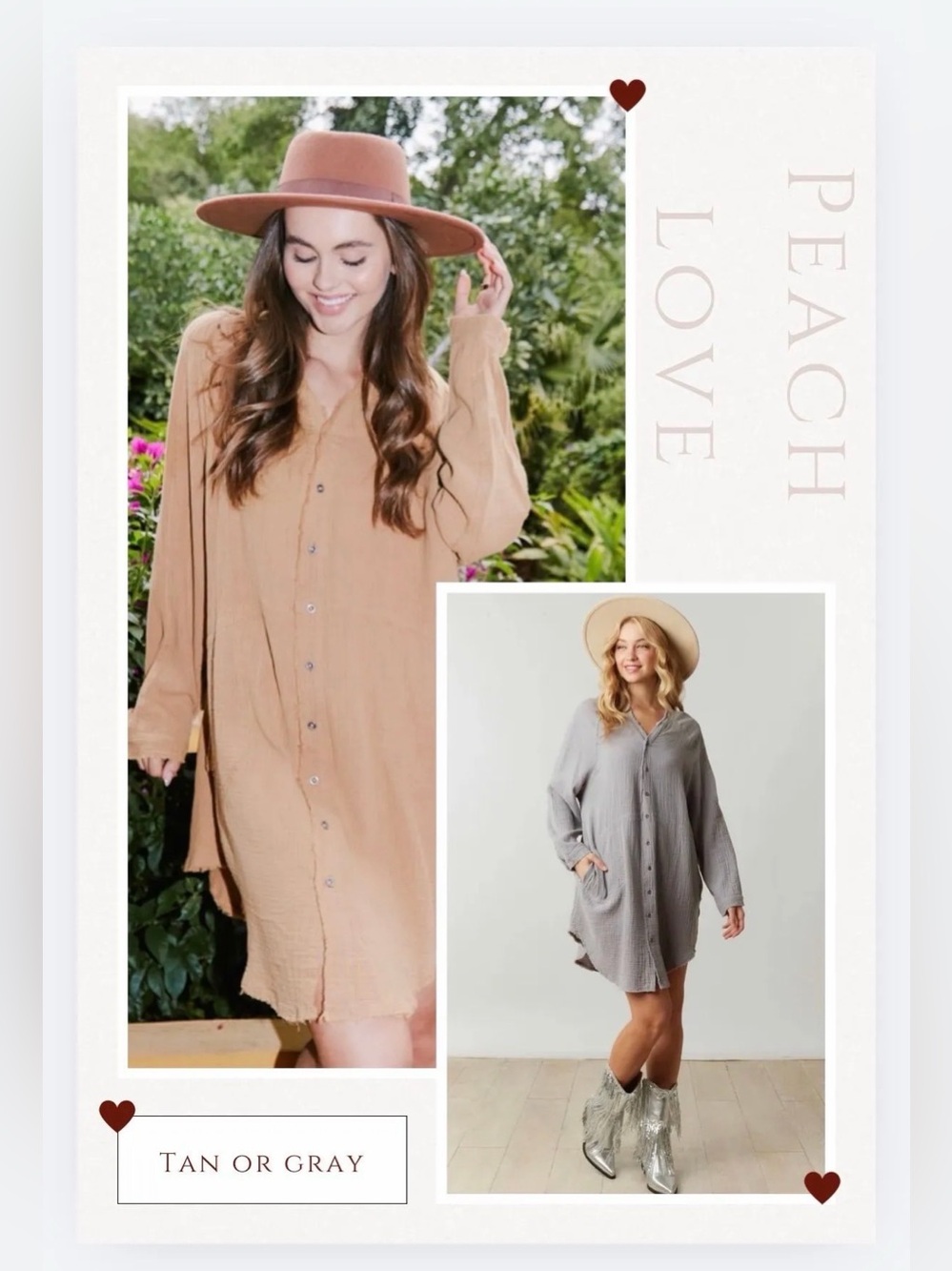 New peach love dress in grey or camel button open small medium large